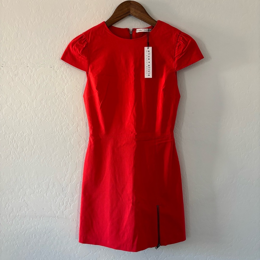 Alice + Olivia Vibrant Red Cherry Mini Dress Size 0 Zipper Accent Short Sleeve